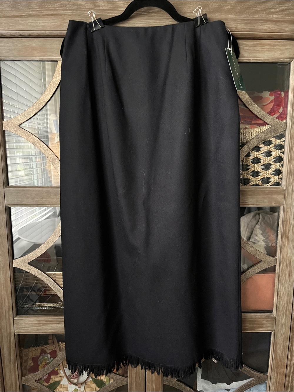 Harve Benard Deep Navy Blue 100% Wool Satin Lined Fringed Maxi Skirt